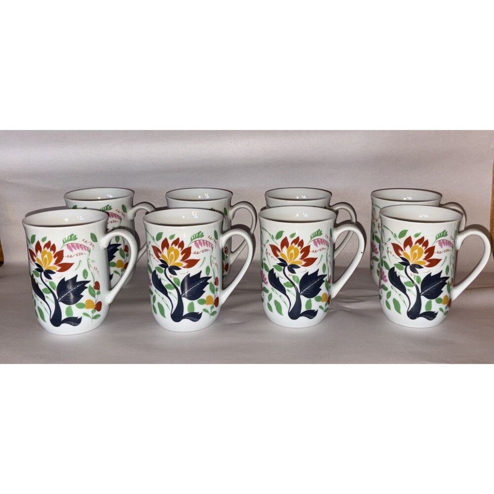 Set of 8 Georges Briard Country Garden Mugs Vintage MCM Porcelain Cups